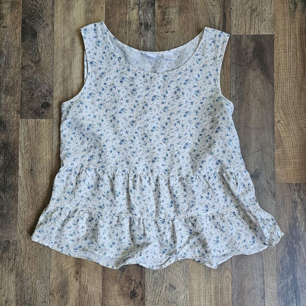Shabby Chic Linen Ditsy Floral Tiered Babydoll Tank Top XS Cottagecore Coquette